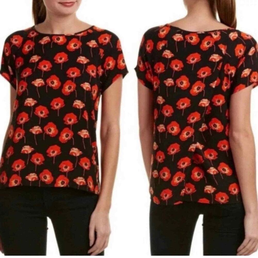 Cabi Poppy Top Black & Red Floral Print - Size S